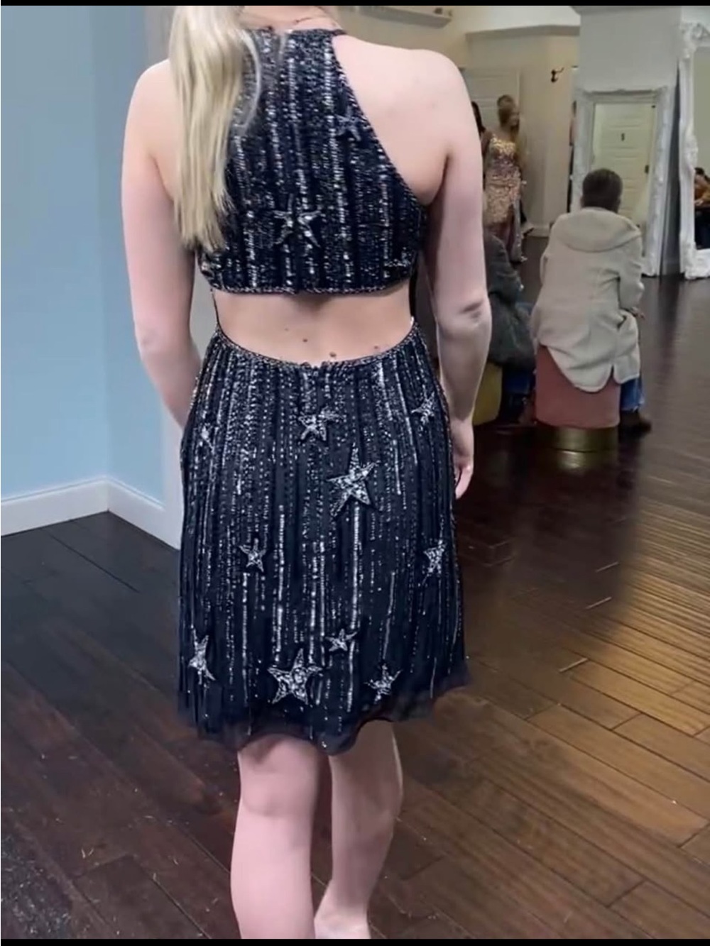 Sherri Hill Navy Sequin Star Backless Two-Piece Dress